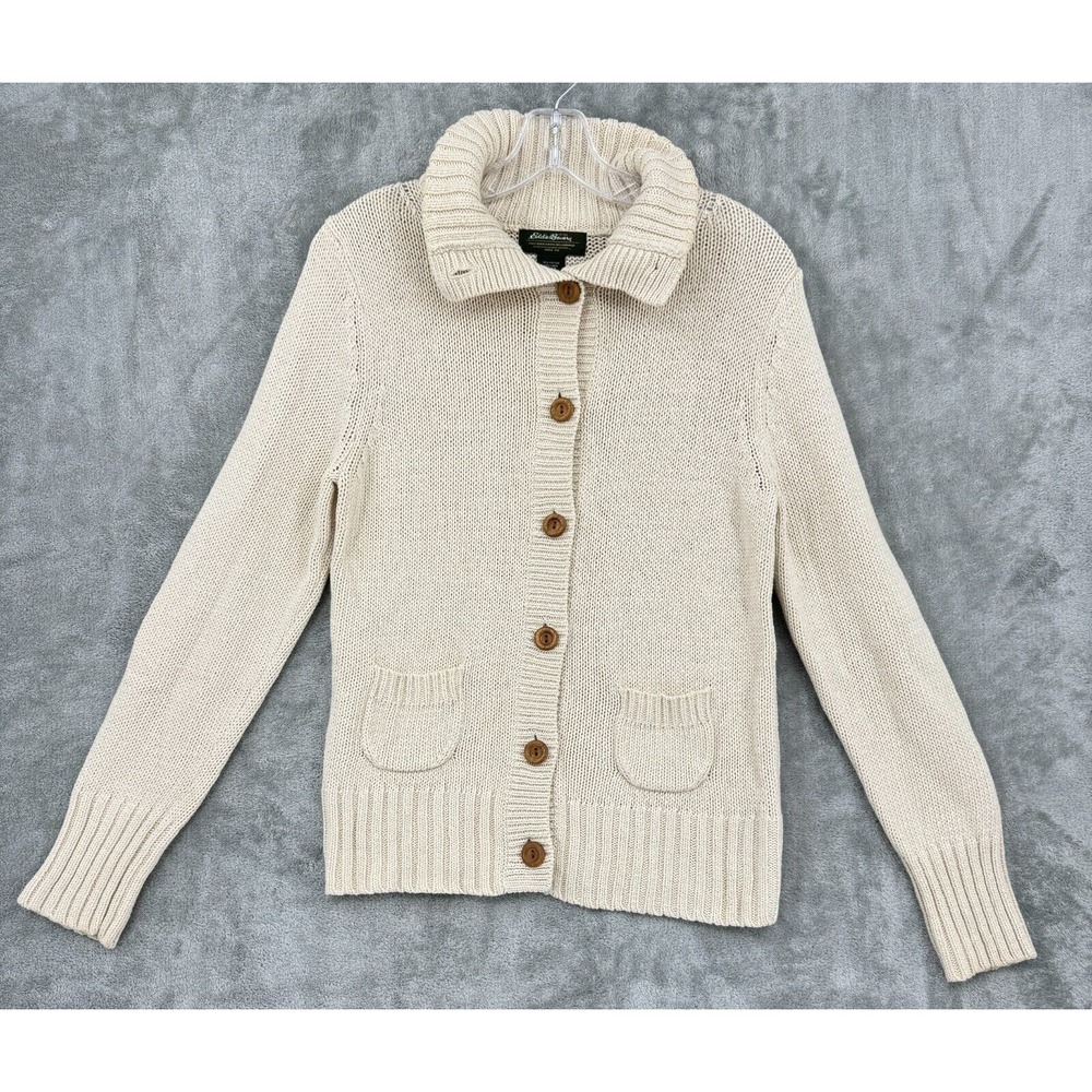 Eddie Bauer Sweater Womens Size M Linen Blend Button Chunky Knit Ivory Preppy